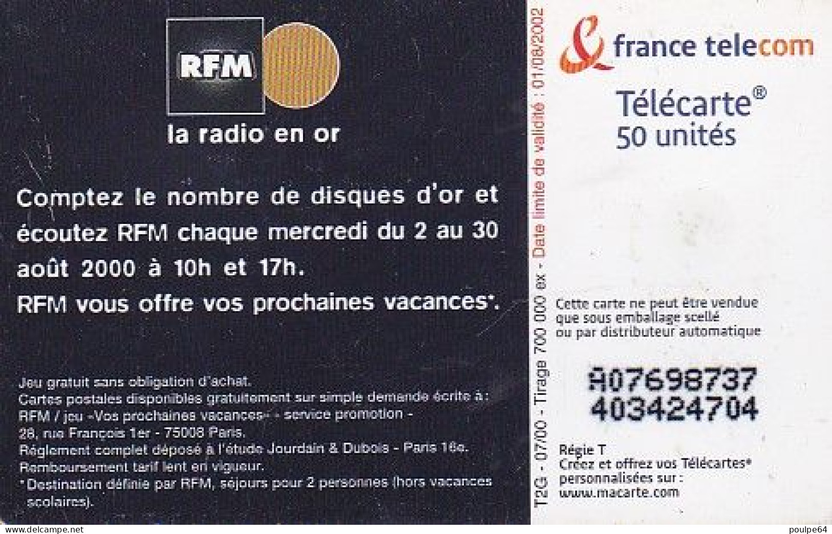 F1070  07/2000 - RFM " 1 Disque " - 50 SO3 - (verso : N° Petits - Deux Lignes Alignées) - 2000