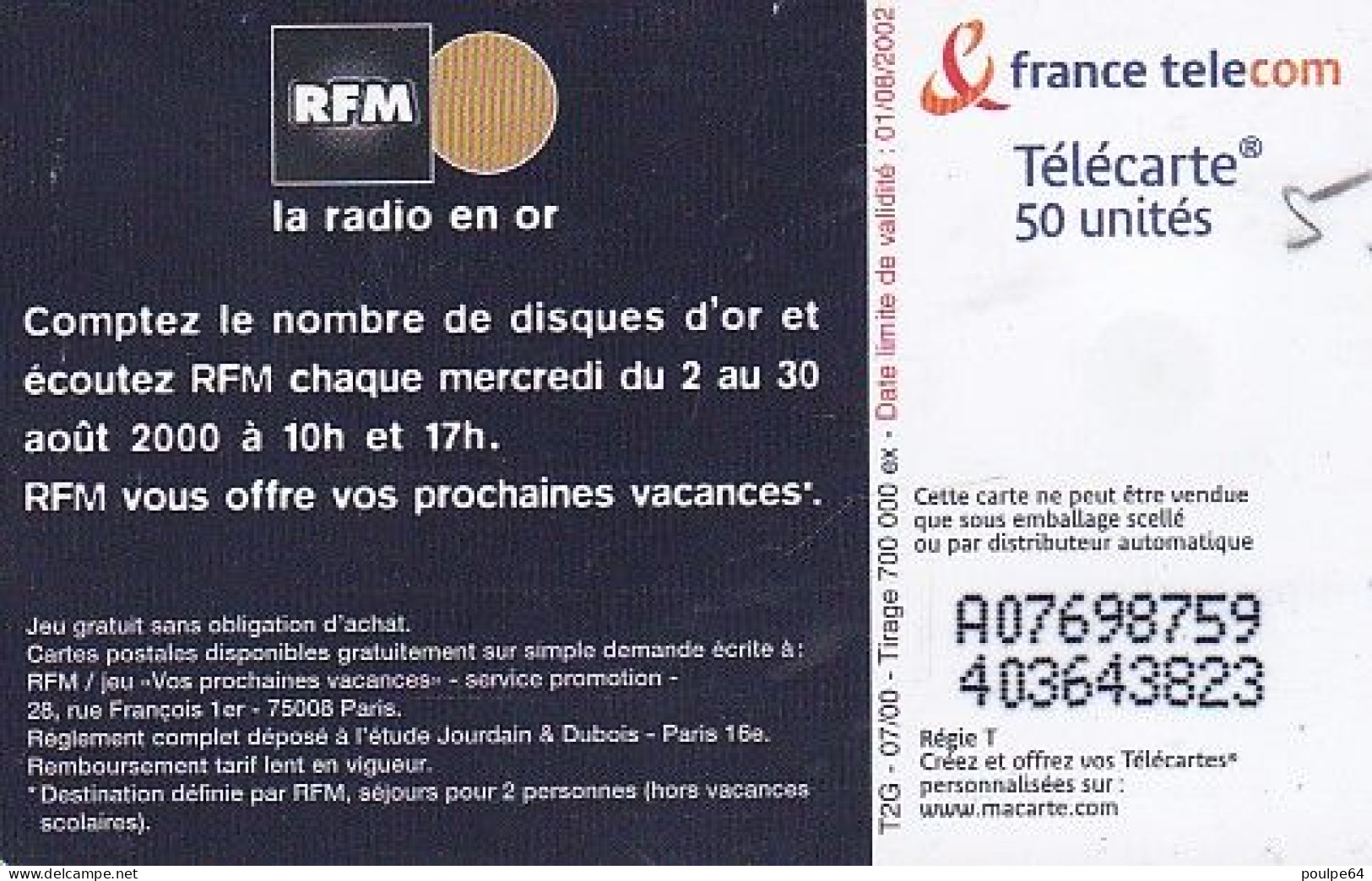 F1070  07/2000 - RFM " 1 Disque " - 50 SO3 - (verso : N° Gros - Deux Lignes Alignées) - 2000