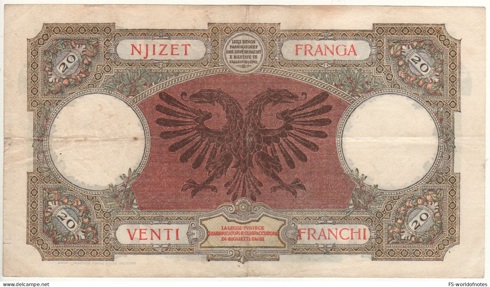 ALBANIA 20 Franga   P7  (1939) Roma, Wolf With Romulus And Remus ("Lupa Capitolina") - Albania