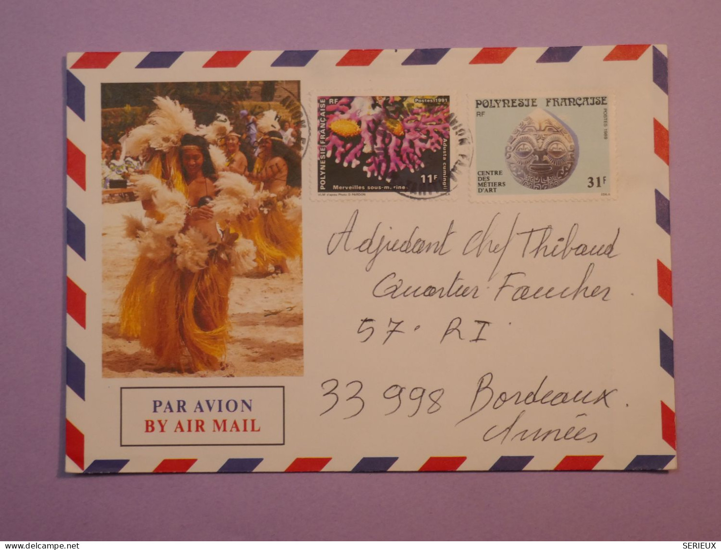 E300  POLYNESIE  BELLE LETTRE  1992 TAHITI A BORDEAUX   FRANCE+  +AFF. PLAISANT+++ - Lettres & Documents