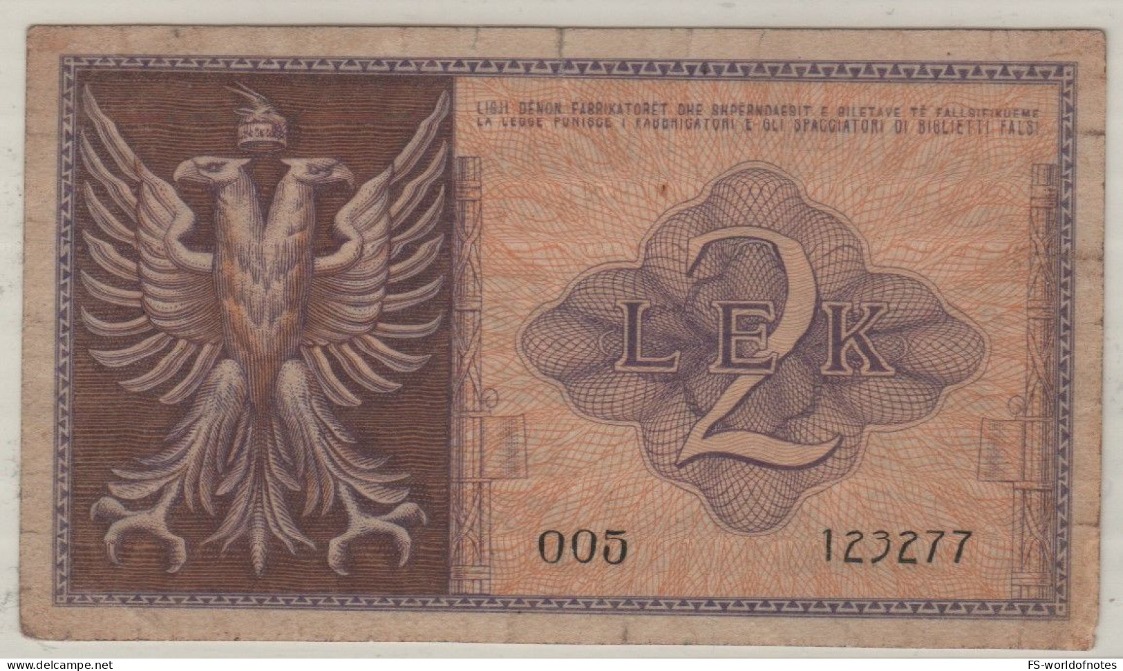 ALBANIA 2  Lek   P7  ( ND 1941)   " Hercules At Front + Double Headed Eagle At Back " - Albanië