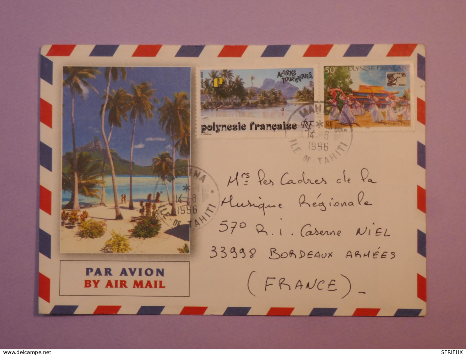 E300  POLYNESIE  BELLE LETTRE  1996 MAHINA A BORDEAUX   FRANCE+50F  +AFF. PLAISANT+++ - Lettres & Documents