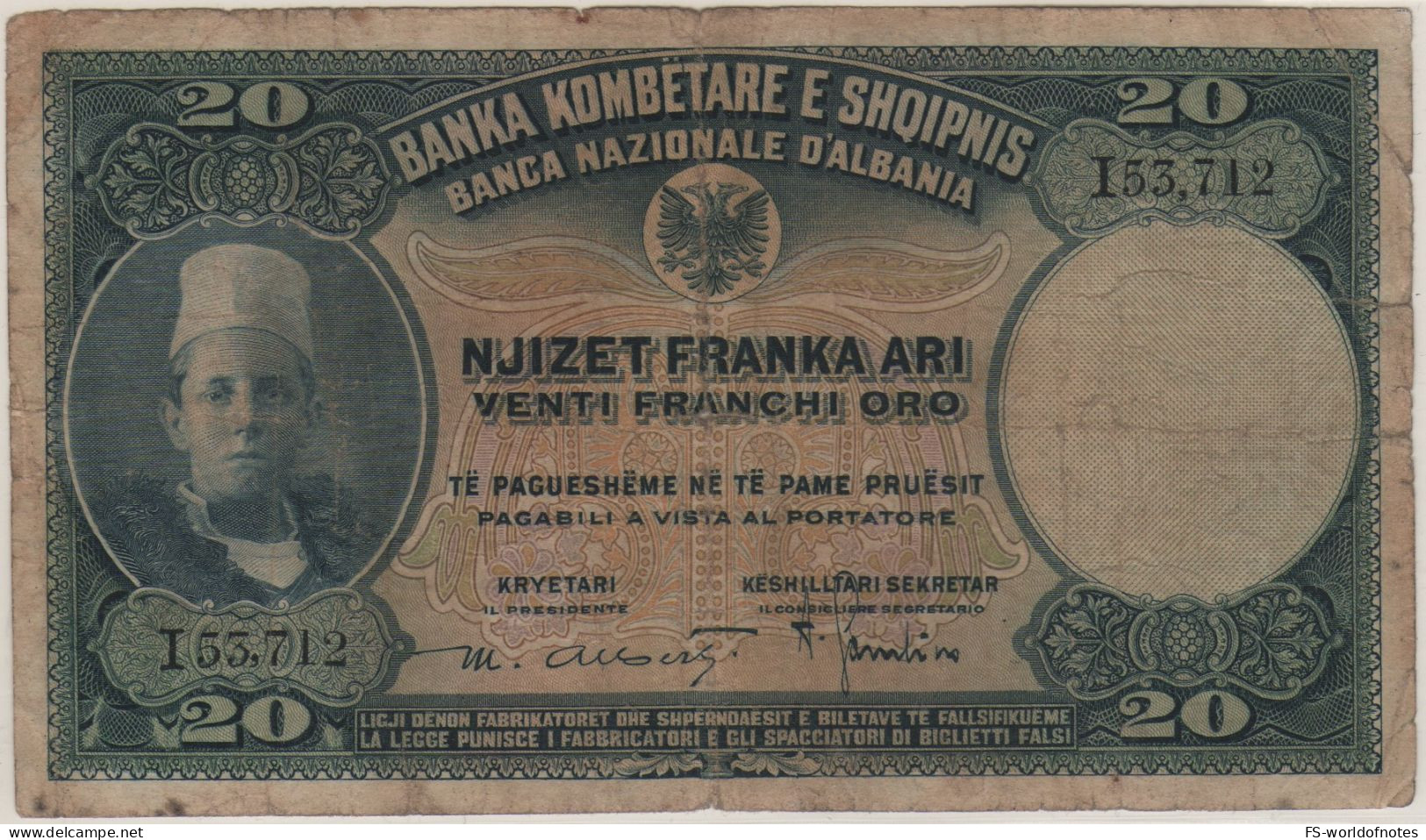 ALBANIA  20 Franchi Oro  Lek   P3a  ( ND 1926)   " Boy At Front + Landscape At Back " - Albanie