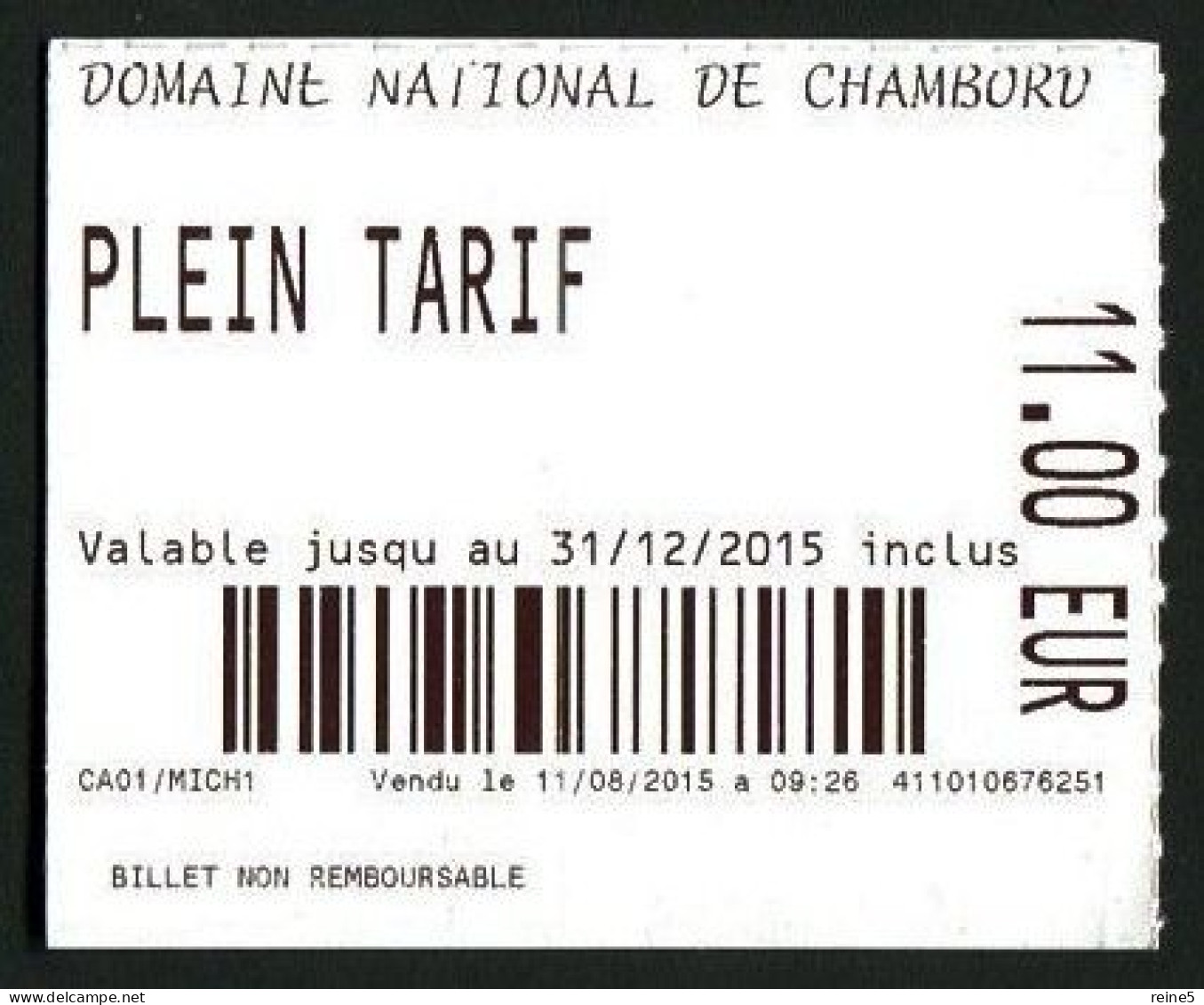 TICKET D'ENTREE Pour LA VISITE Du DOMAINE NATIONAL DE CHAMBORD -TRES BON ETAT -REF-IMG742B - Tickets D'entrée