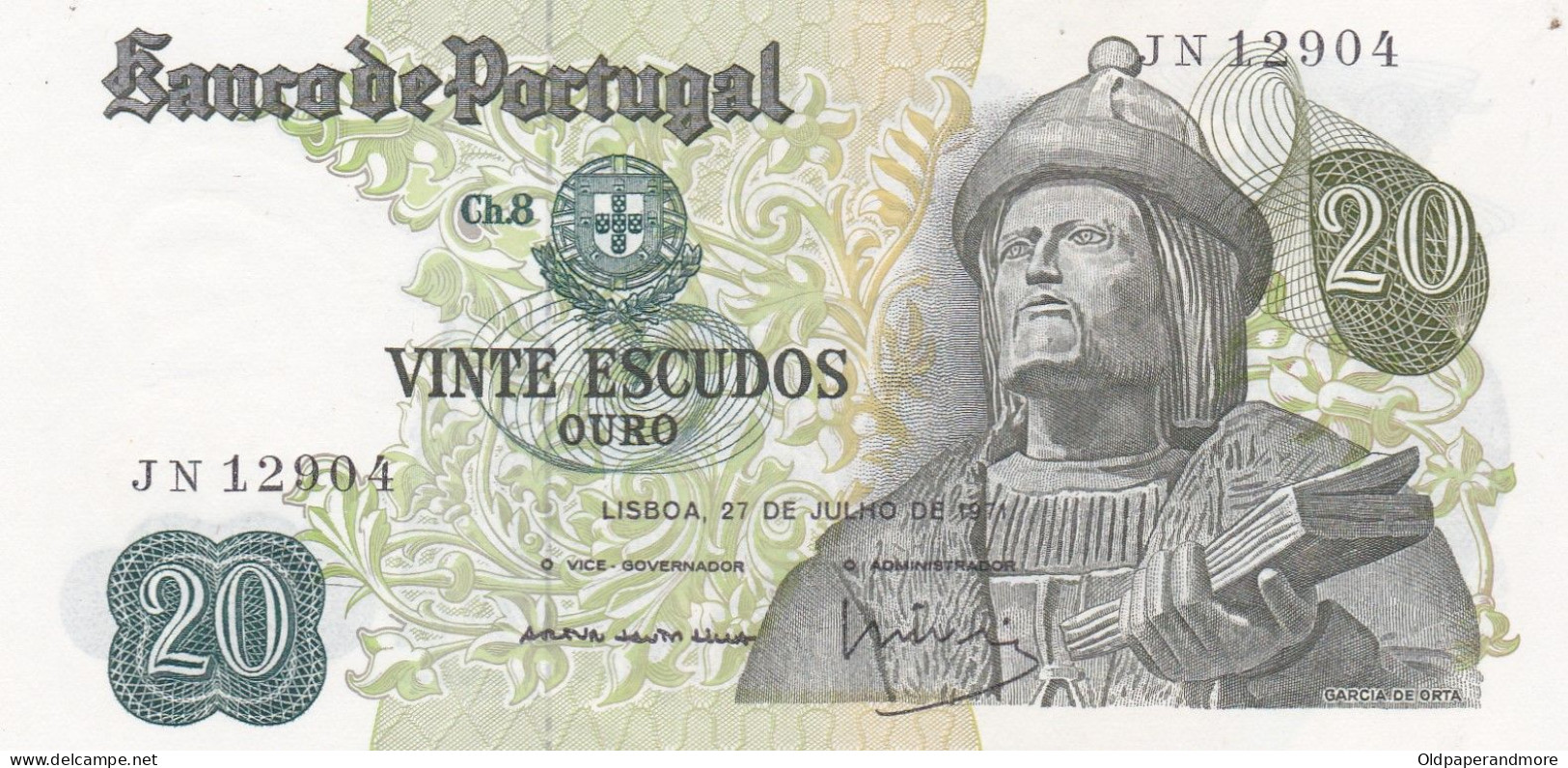 PORTUGAL BANK NOTE - BANKNOTE - 20$00 - CH 8  - 27/07/1971 AUNC - Portugal