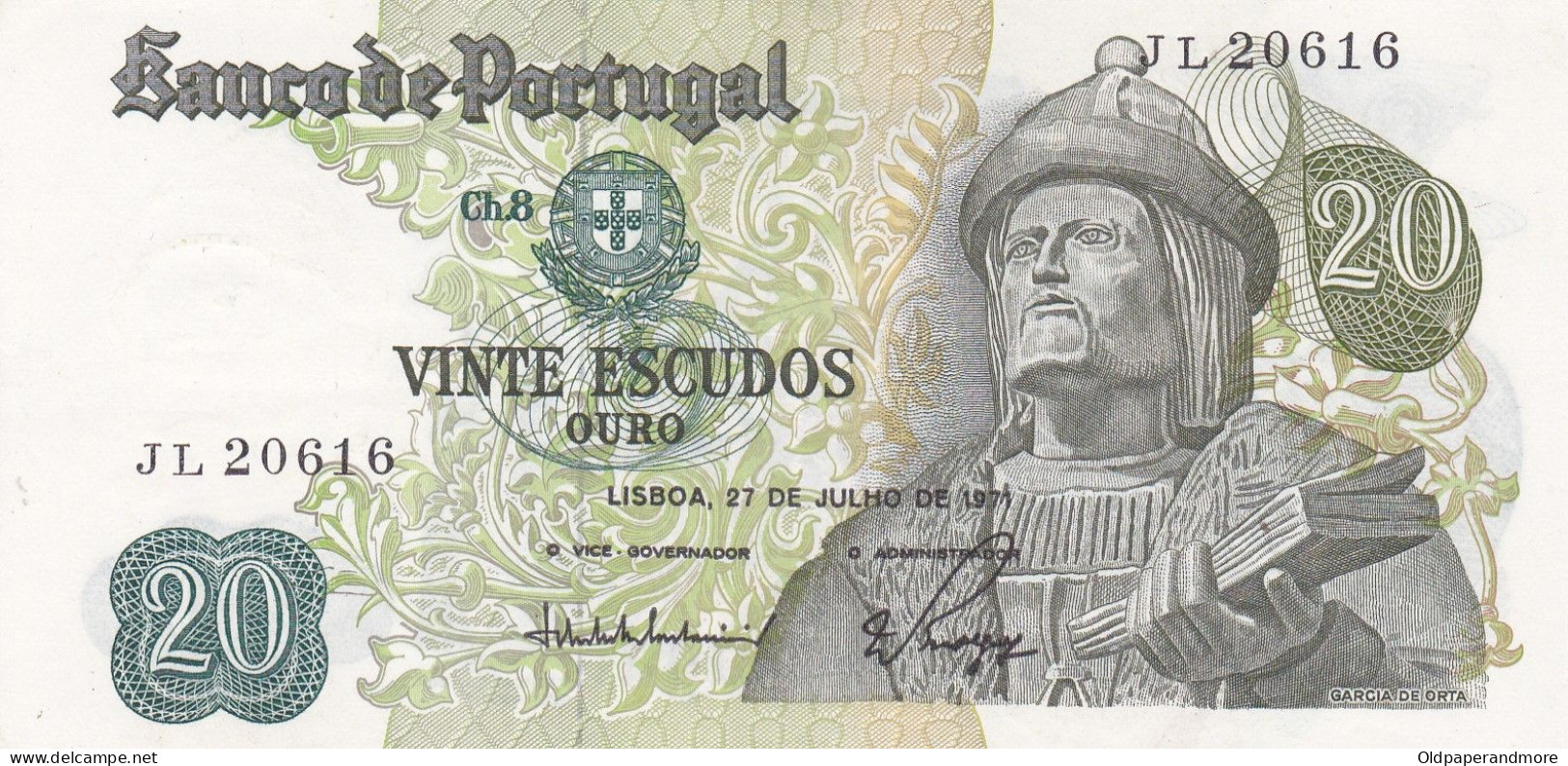 PORTUGAL BANK NOTE - BANKNOTE - 20$00 - CH 8  - 27/07/1971 AUNC - Portugal