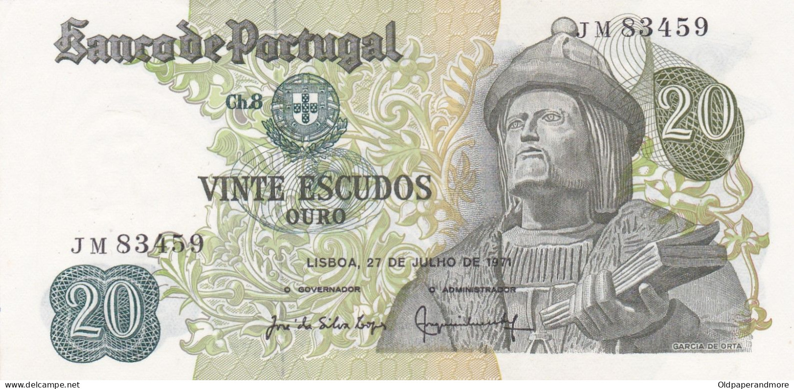 PORTUGAL BANK NOTE - BANKNOTE - 20$00 - CH 8  - 27/07/1971 AUNC - Portugal