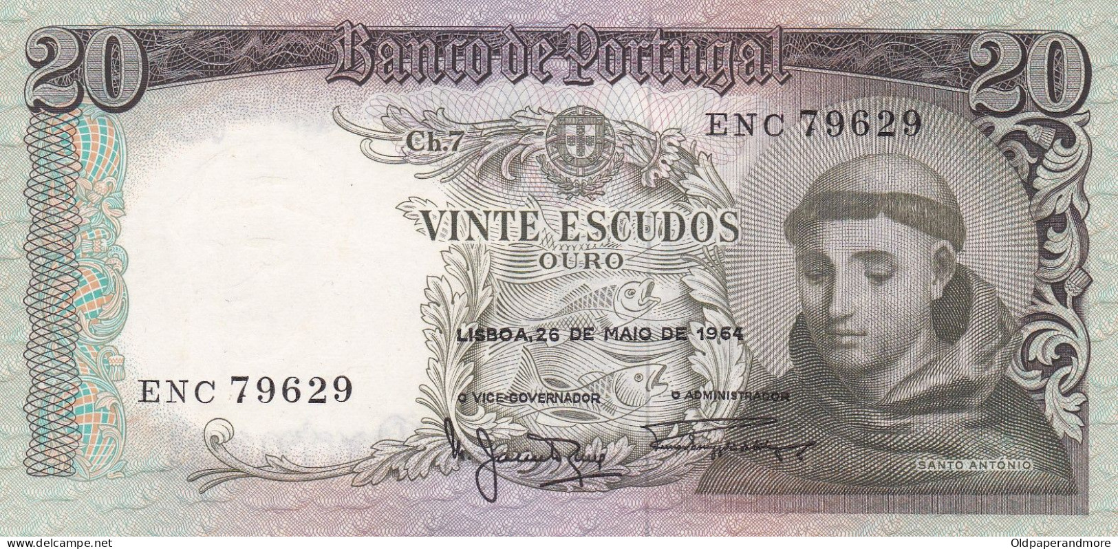 PORTUGAL BANK NOTE - BANKNOTE - 20$00 - CH 7  - 26/05/1954 AUNC - Portugal