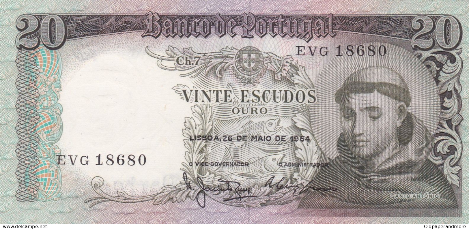 PORTUGAL BANK NOTE - BANKNOTE - 20$00 - CH 7  - 26/05/1954 AUNC - Portugal