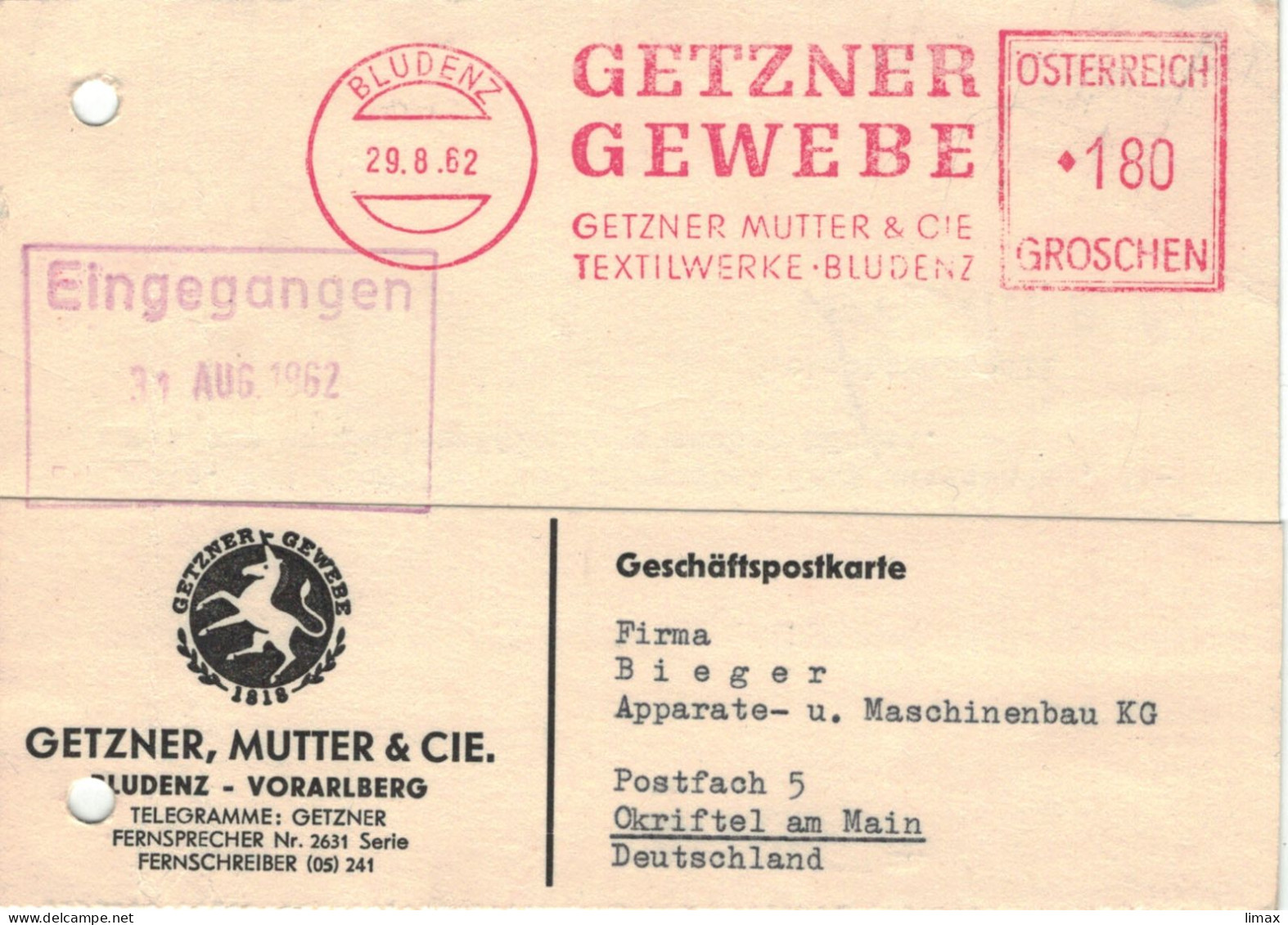 EMA Getzner Mutter & Cie Gewebe Bludenz 1962 Textilwerke - Urgenz Entschlichtungsstiefel - IllustriertEinhorn Unicorn - Franking Machines (EMA)