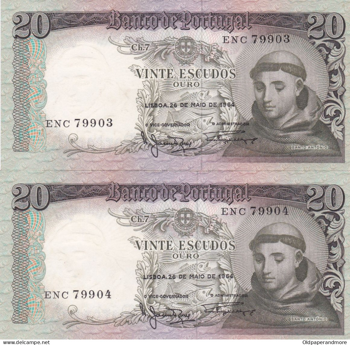 PORTUGAL BANK NOTE - BANKNOTE - 20$00 X 2 - FOLLOWED NUMBERS - CH 7  - 26/05/1954 AUNC - Portugal