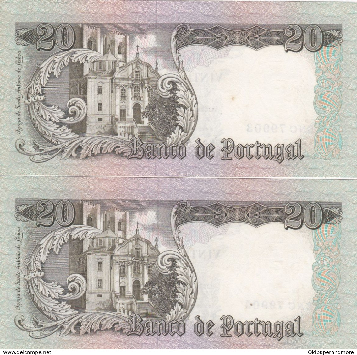 PORTUGAL BANK NOTE - BANKNOTE - 20$00 X 2 - FOLLOWED NUMBERS - CH 7  - 26/05/1954 AUNC - Portugal