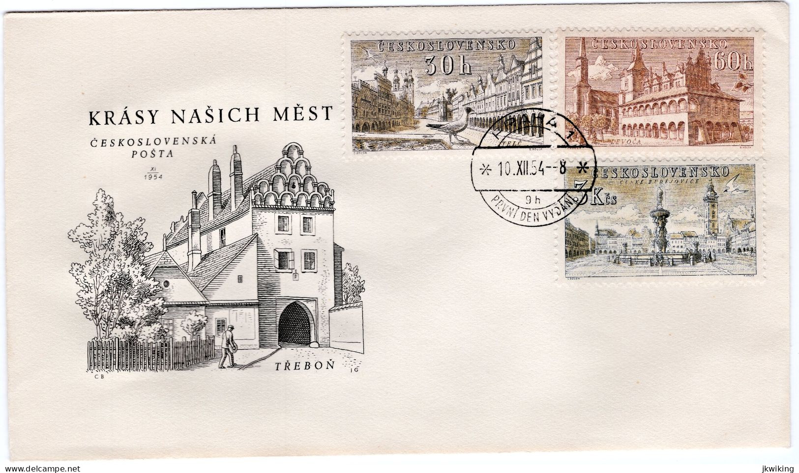 FDC Třeboň South Bohemia Telč České Budějovice Levoča Town Hall - Church - Occasional Postmark Prague 1 - 9h - 1954 - Monumenti