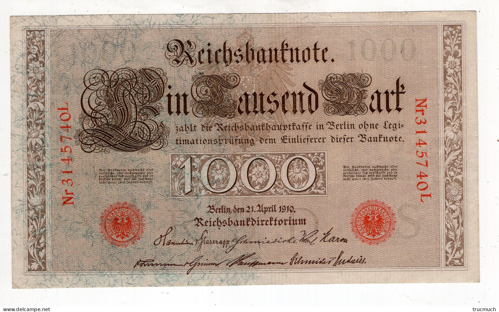 40 - ALLEMAGNE - Reichsbanknote - 1000 Mark - 21.04.1910 - Reichsbankdirektorium - 1000 Mark