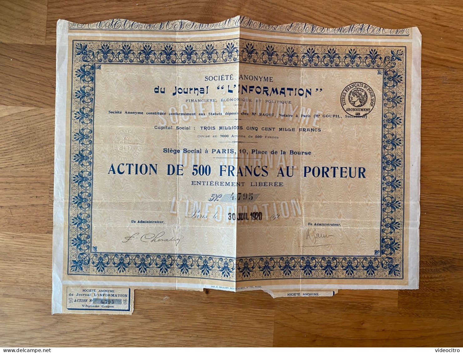 Action 500 Francs - Journal "L'Information" Financière, Economique Et Politique - 1920 - G - I