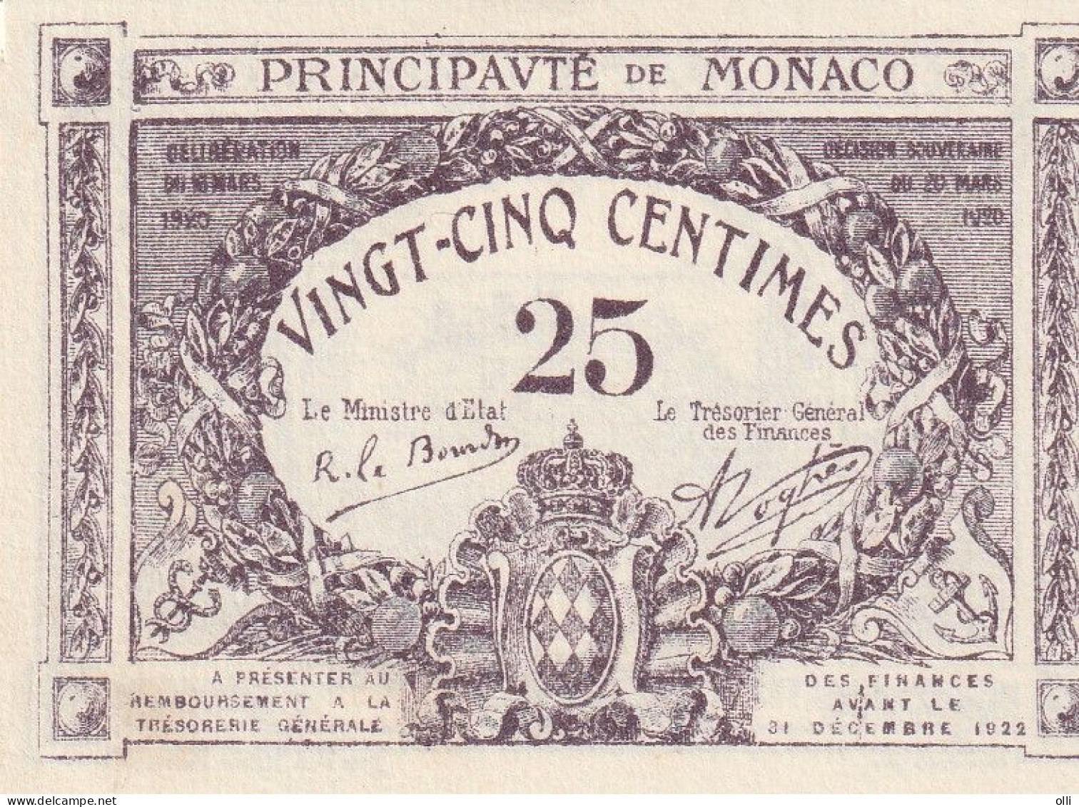 MONACO  25 CENTIMES 1920  P-2  UNC - Monaco