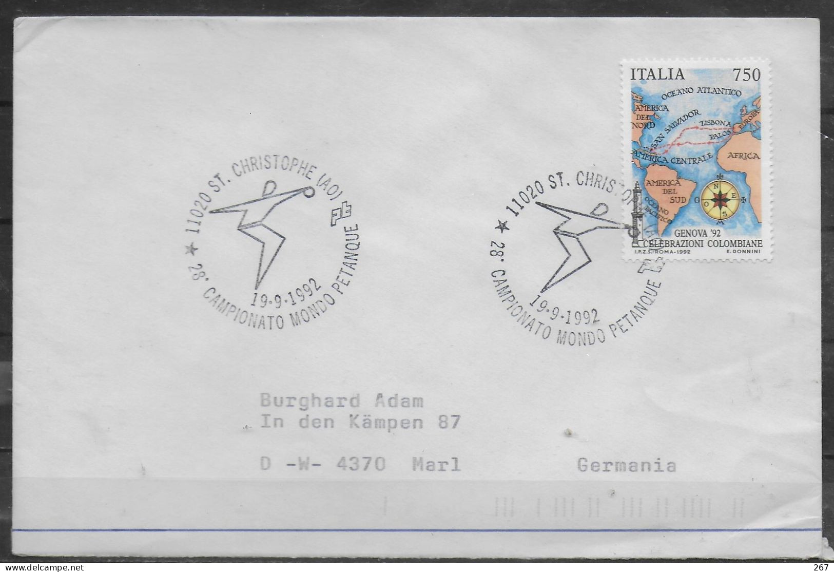 ITALIE  Lettre  1992 Saint Christophe  Pètanque - Bowls