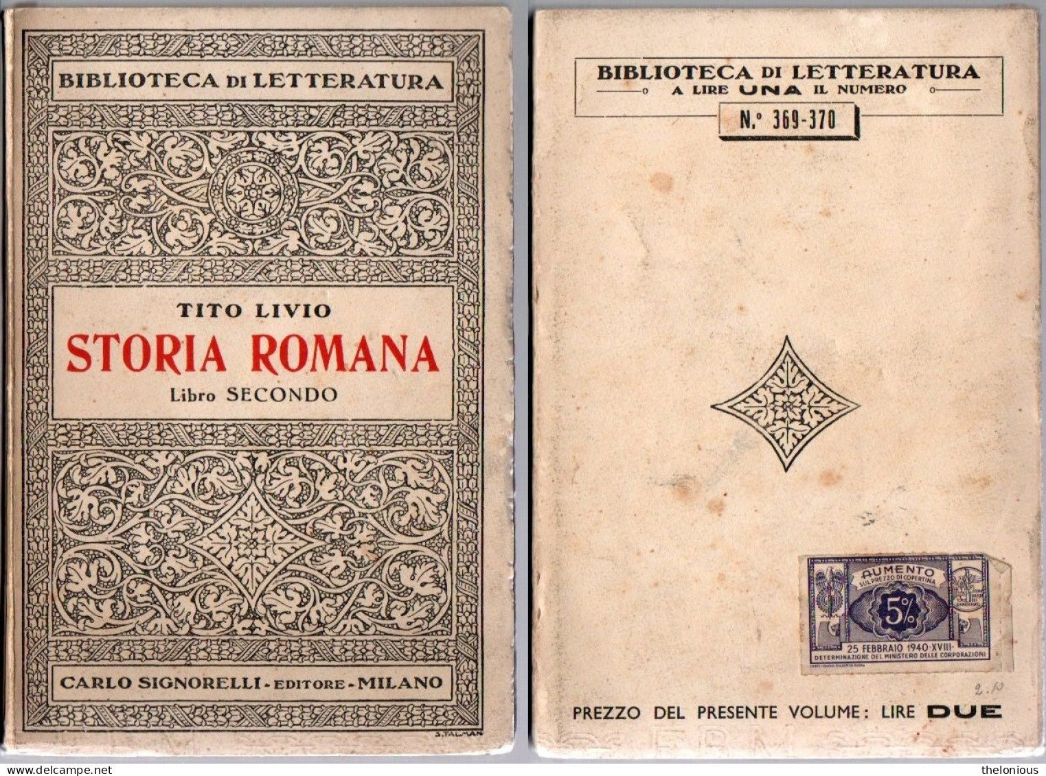 # Tito Livio - Storia Romana Libro Secondo - Con Marca Aumento Prezzo Copertina - Libri Antichi