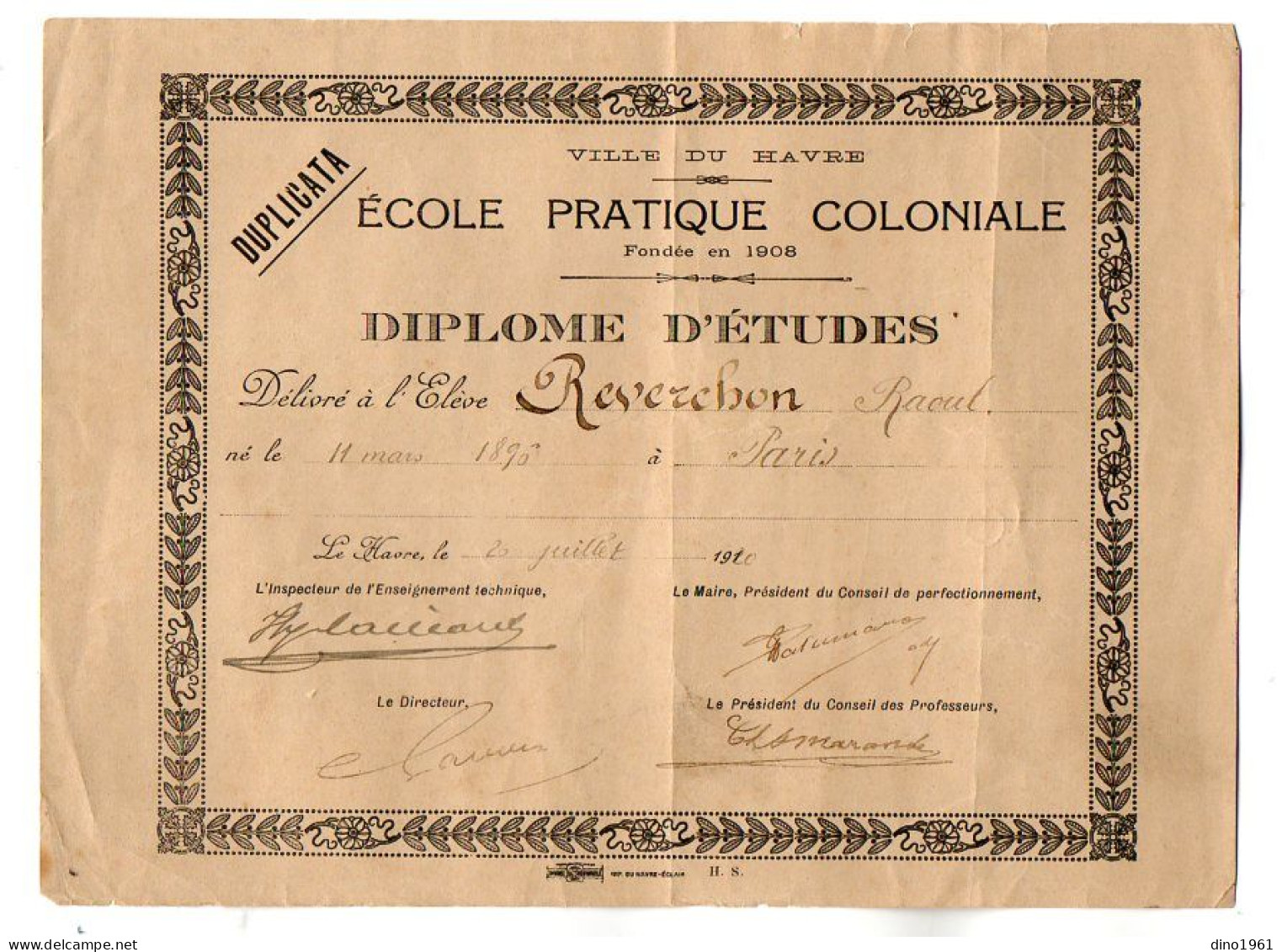 VP22.542 - Ville Du HAVRE 1920 - Ecole Pratique Coloniale - Diplôme D'Etudes - M. Raoul REVERCHON, Né à PARIS .... - Diploma & School Reports