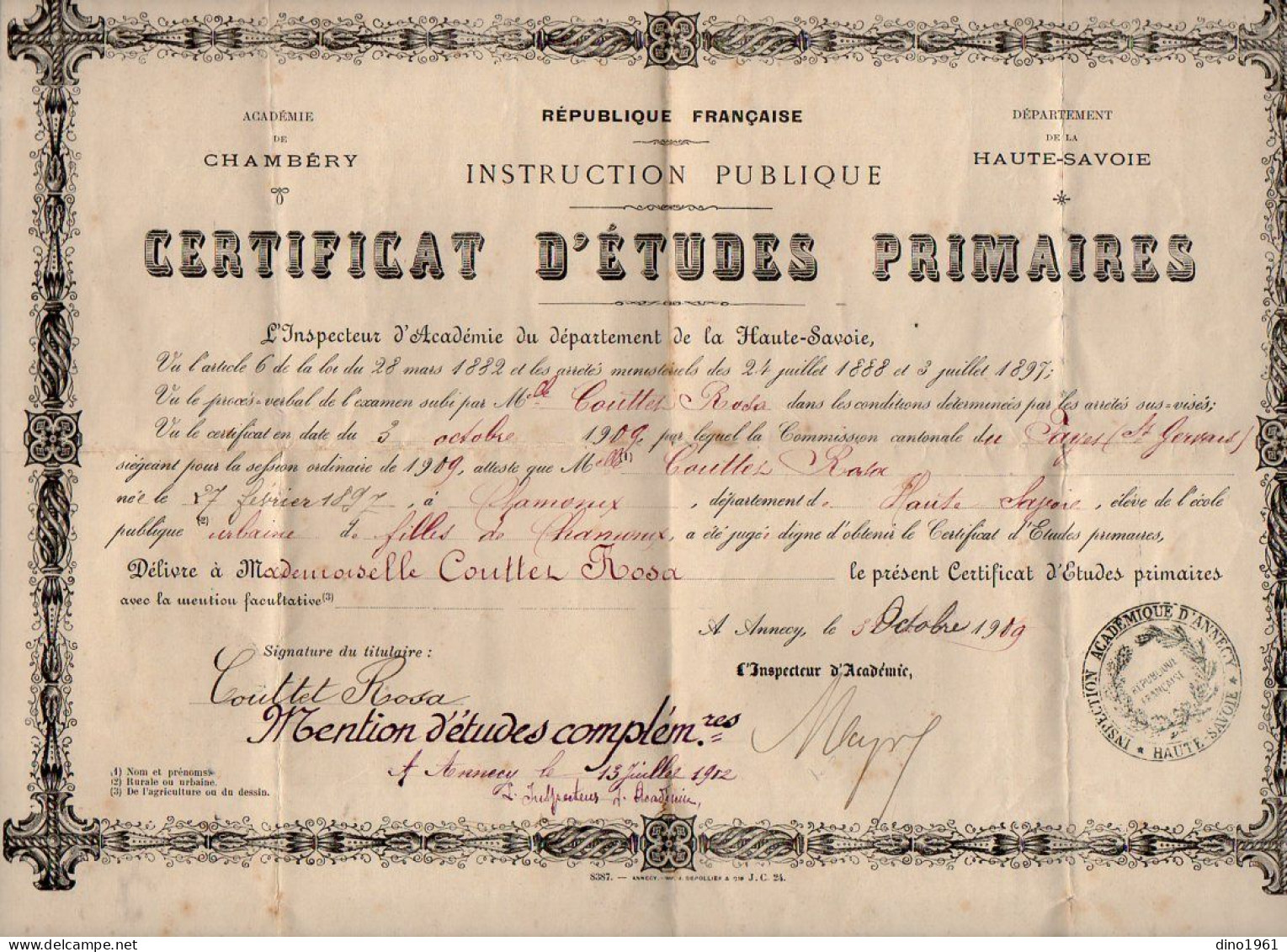 VP22.543 - RF - CHAMBERY X ANNECY 1909 / 12  - Certificat D'Etudes Primaires - Melle Rosa COUTTET, Née à CHAMONIX - Diplômes & Bulletins Scolaires