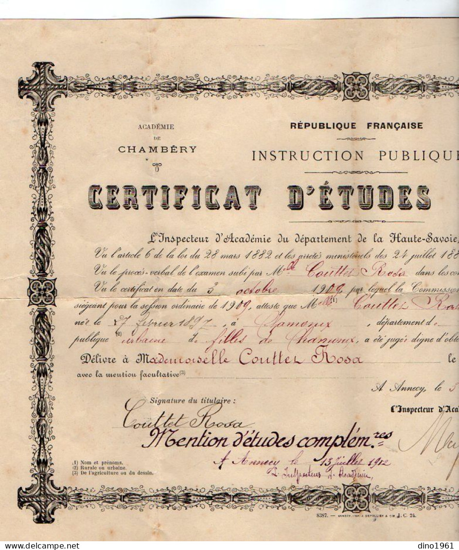 VP22.543 - RF - CHAMBERY X ANNECY 1909 / 12  - Certificat D'Etudes Primaires - Melle Rosa COUTTET, Née à CHAMONIX - Diploma's En Schoolrapporten