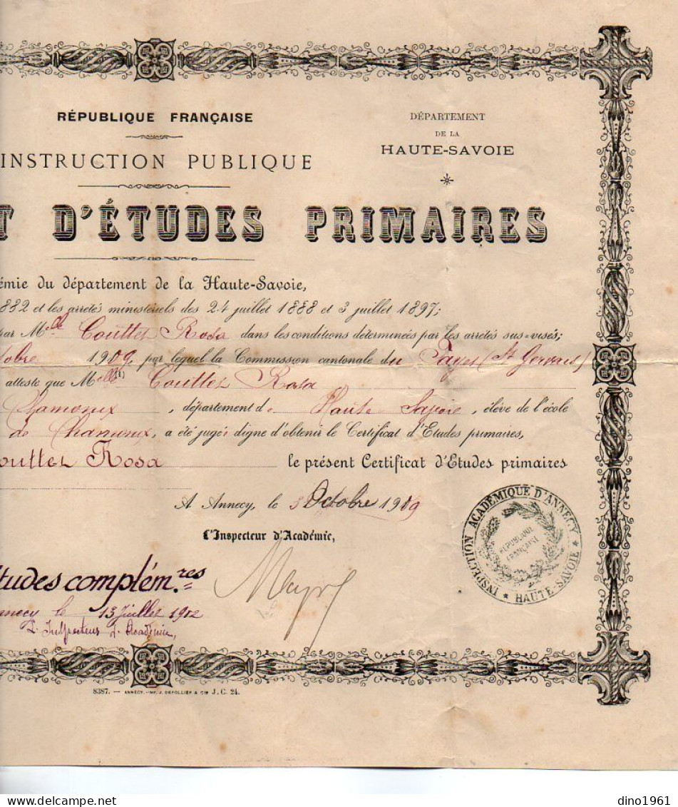 VP22.543 - RF - CHAMBERY X ANNECY 1909 / 12  - Certificat D'Etudes Primaires - Melle Rosa COUTTET, Née à CHAMONIX - Diplômes & Bulletins Scolaires