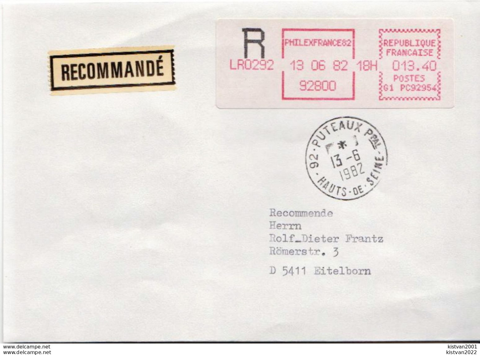 Postal History Cover: France With Automatic Stamp, R Cover From 13.06.1982 Sent To Switzerland - 1981-84 LS & LSA Prototypes