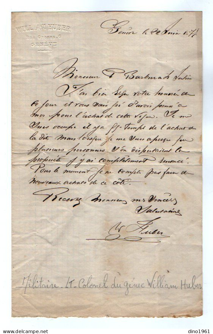 VP22.545 - 1871 - Lettre De M. William HUBER, Militaire, Lieutenant - Colonel Du Génie à GENEVE ( Suisse ) - Dokumente