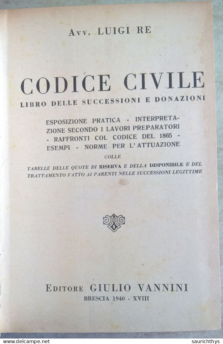 Luigi Re Codice Civile Libro Delle Successioni E Donazioni 1940 Editore Giulio Vannini Brescia - Rechten En Economie