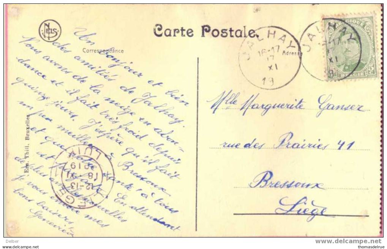 Zz264: Postkaart: 5ct: Albert : JALHAY Met Onvolledig Jaar (= Noodstempel) Cachet Fortune - Fortune Cancels (1919)