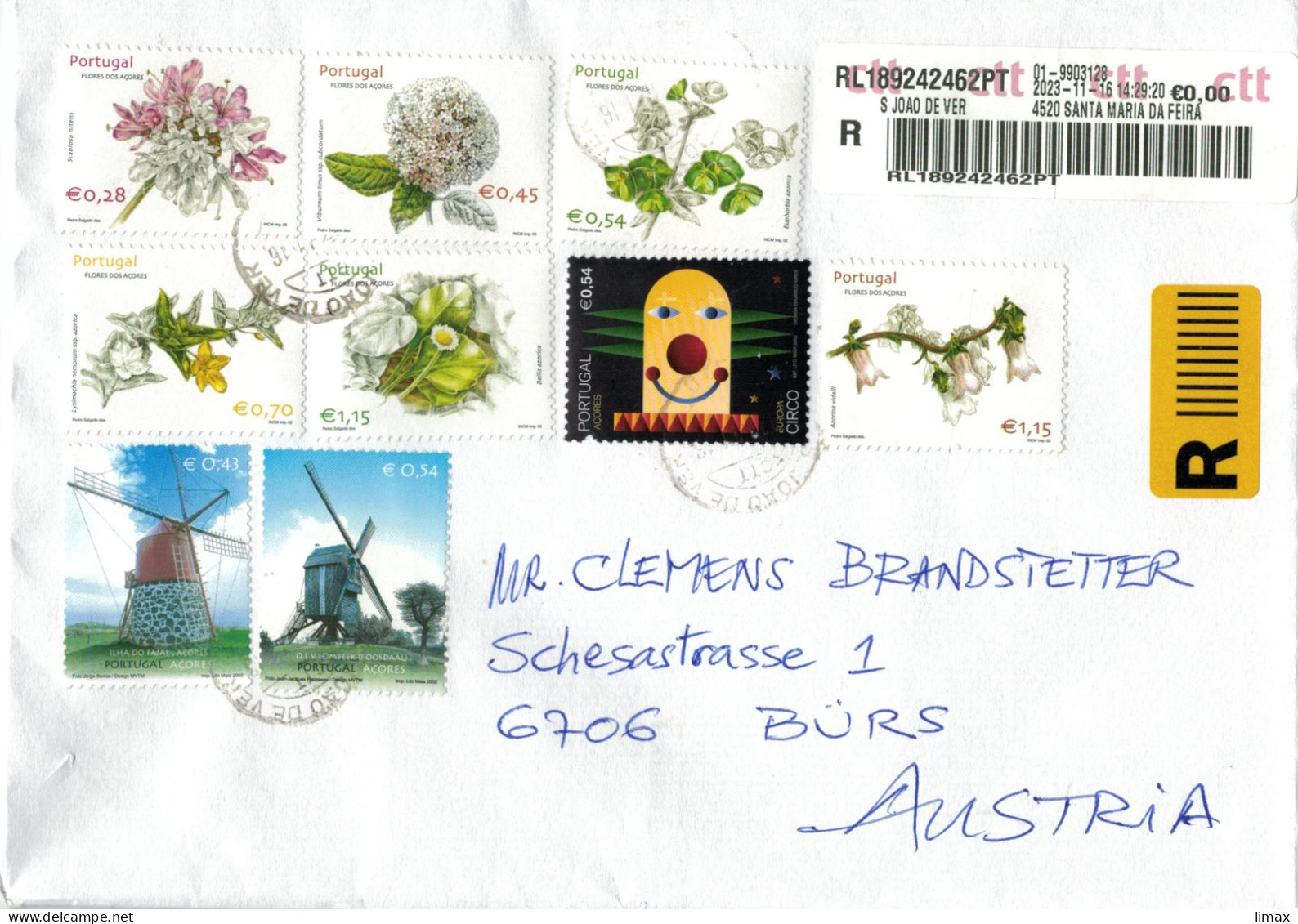 [A5] San Joao Dever 2023 Windmühle - Zirkus - Flora Scabiosa Nitens - Viburnum Tinum - Azorina Vidalli - Bellis Azorica - Storia Postale