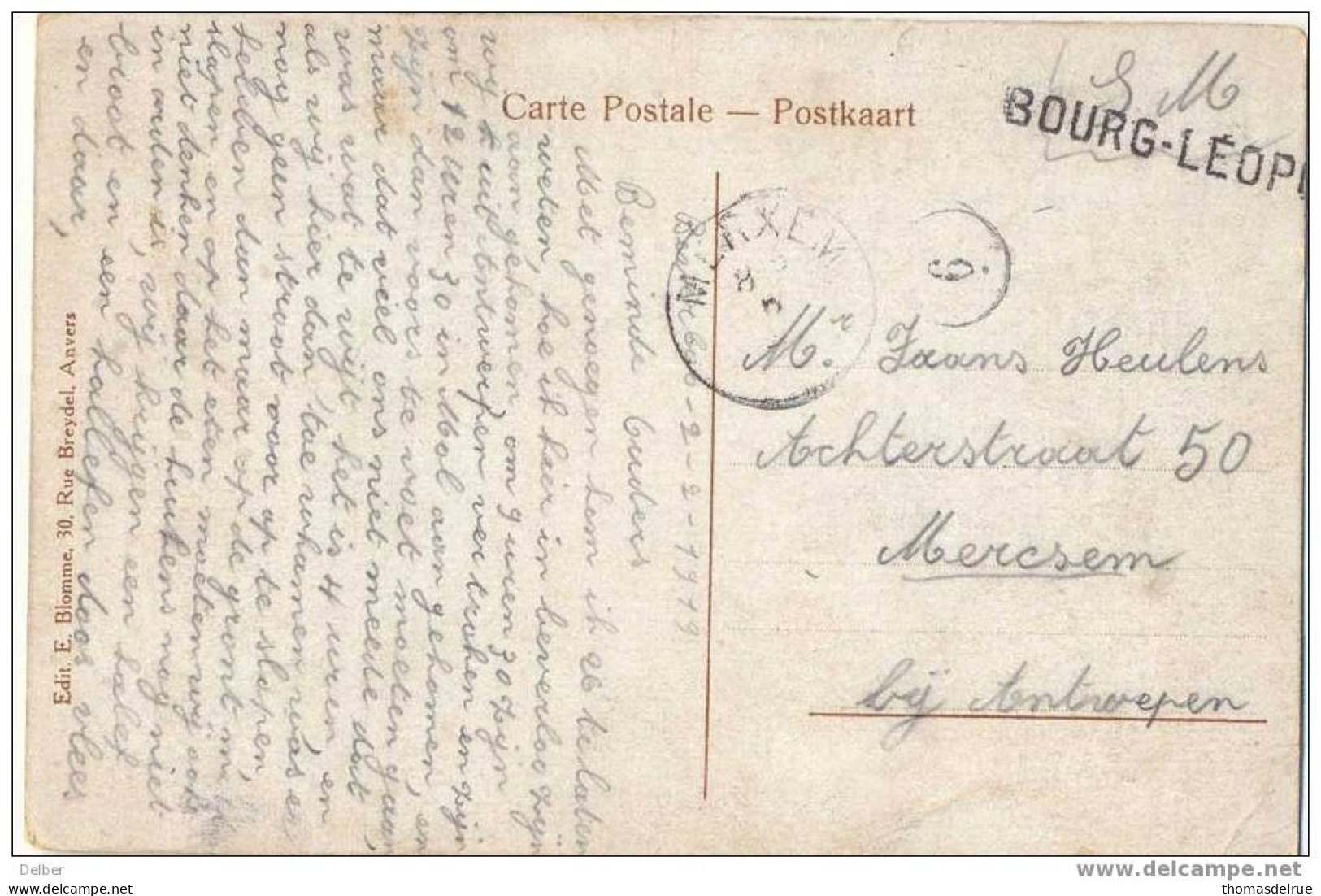 _Q645: PK: Onder S.M. Uit BOURG-LEOPOLD >> MERXEM : Noostempel: Geen Jaartal - Fortune Cancels (1919)