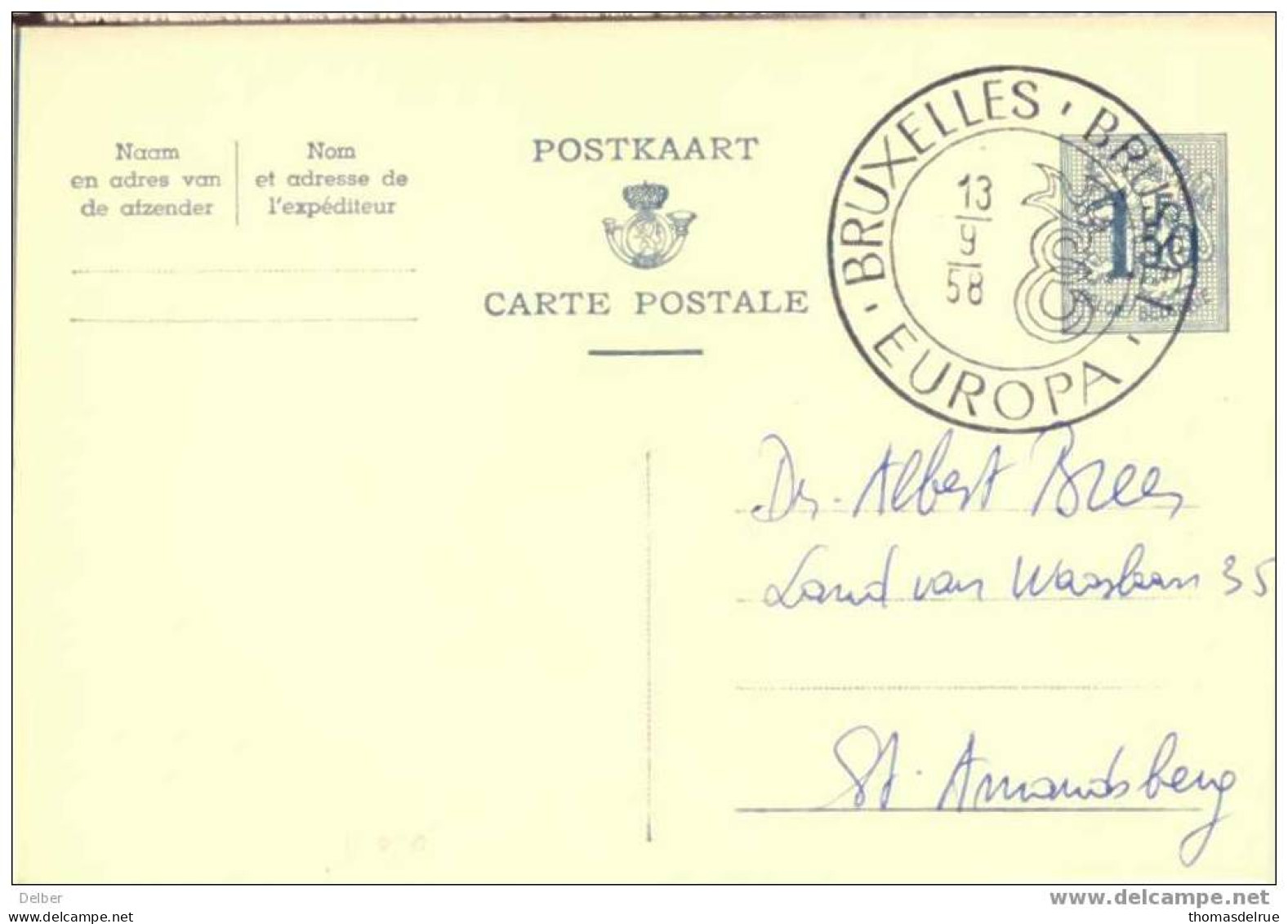 Zz191: 1.20 Postkaart : BRUXELLES-BRUSSEL EUROPA 13/9/58 - 1958