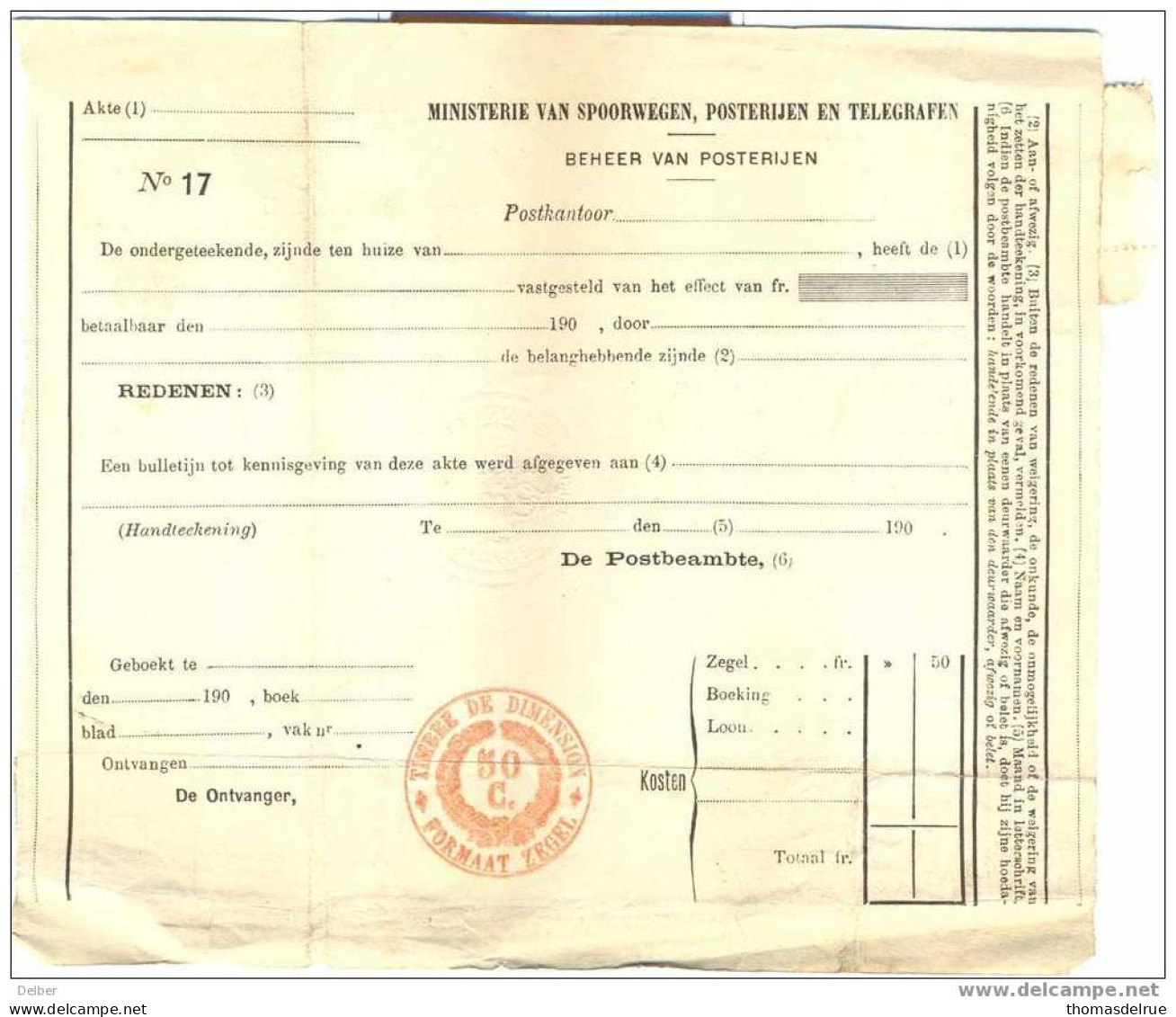 _T984:  Constatant De Non Paiement : Bureaux Des Postes De WASMES Op Gezegeld Document - Dokumente