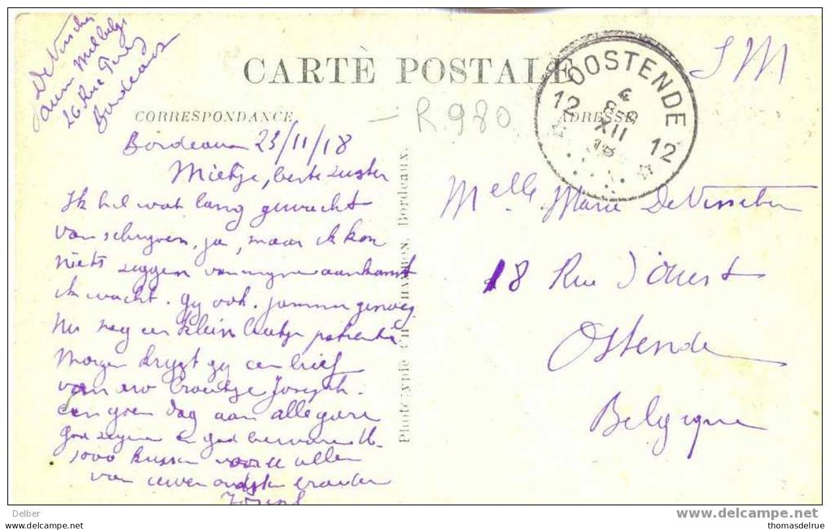 _R980: Franse Prentkaart Verstuurd: S.0M. >> 12* OOSTENDE 12* 4 8-9 XIII 18 (= Postagentschap:noodstempel) - Foruna (1919)