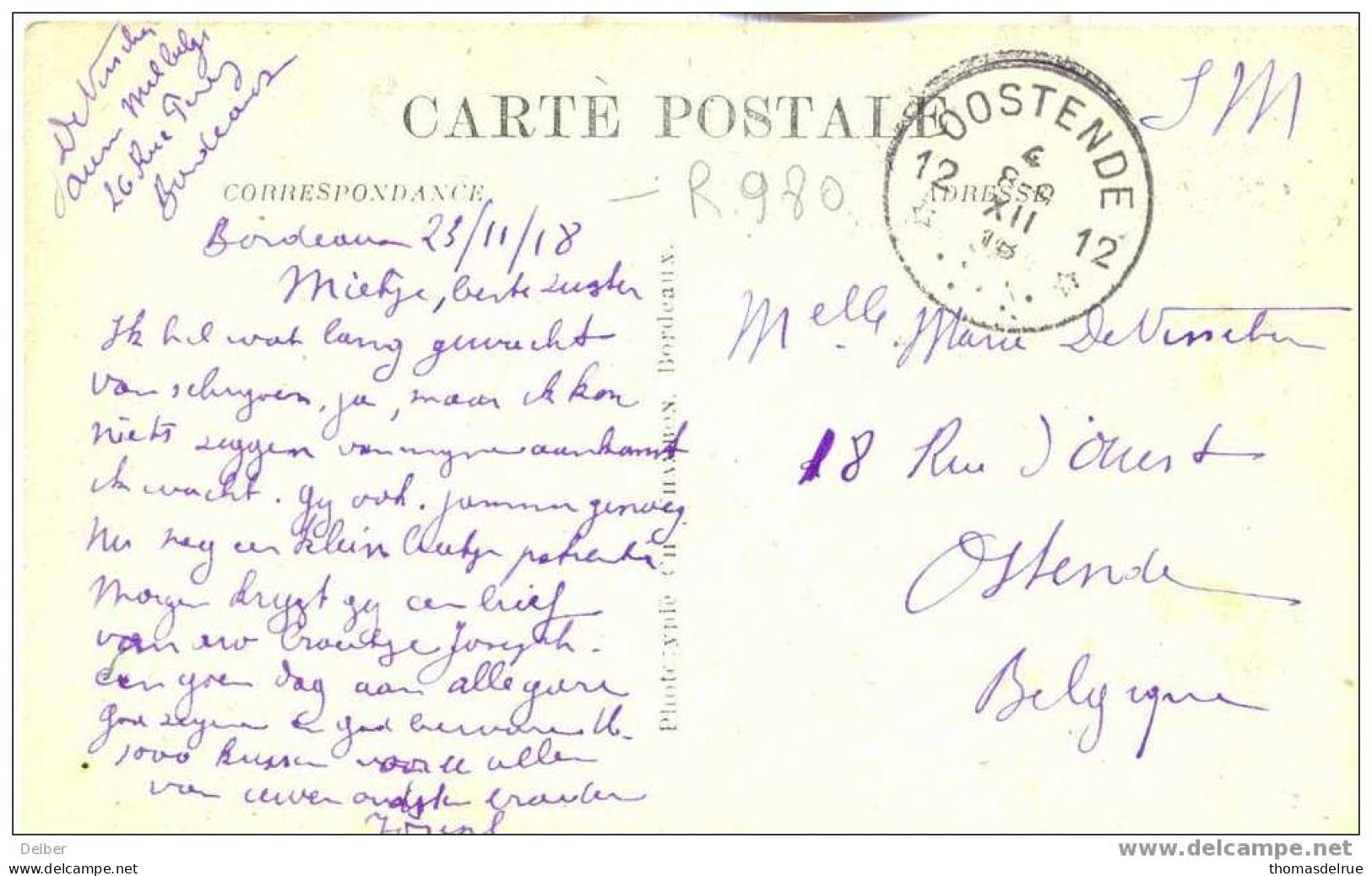 _R980: Franse Prentkaart Verstuurd: S.0M. >> 12* OOSTENDE 12* 4 8-9 XIII 18 (= Postagentschap:noodstempel) - Fortune (1919)