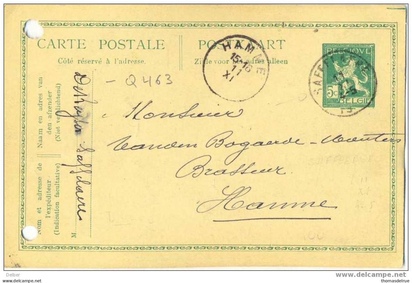 _Q463: Buitengebruik Gest. 5ct CARTE POSTAL POSTKAART: SAFFELAERE 11 XI. 19__ >>HAMME 19__ (: Onvoll. Jaar: Noodstempel) - Fortune (1919)