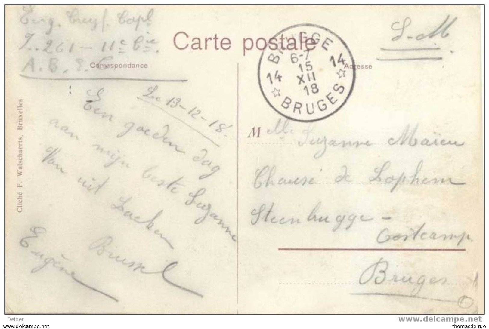 Zv889: 41 BRUXELLES - Place De La BOURSE: Verstuud: S.M. >> 14* BRUGGE 14* BRUGES 15 XII 18: Noodstempel: Postagentschap - Noodstempels (1919)