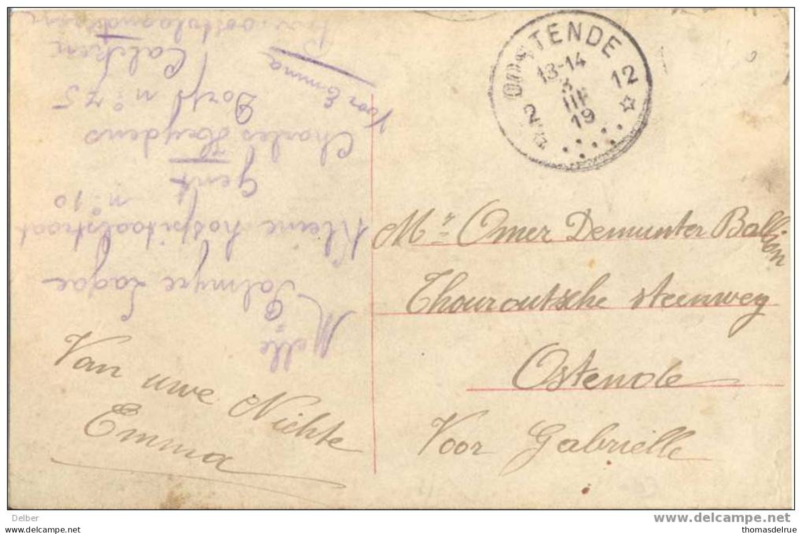 Zv946: Herbruikte Fatasiekaart ( Zegel Is Weg): Aankomststempel: 12* OOSTENDE 12* 3 III 19: Noodstempel: Postagentschap - Foruna (1919)