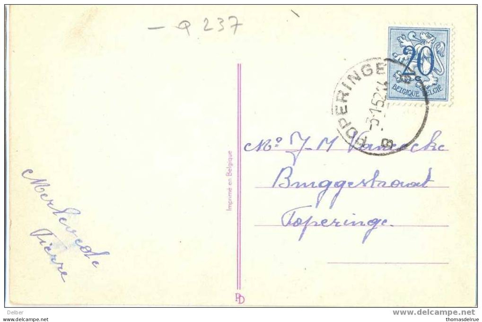 _Q237: Fantasiekaart Met N° 841: B POPERINGE B - 1951-1975 Heraldieke Leeuw