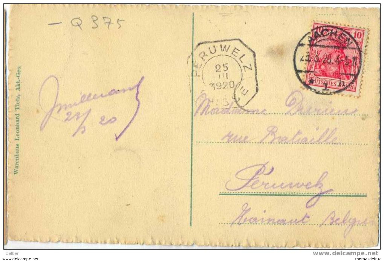 _Q375:  Postkaart < AACHEN. 23.3.20 >> PERUWALZ: CASSE 25 III 1920 : Noodstempel Laat Gebruik - Fortune (1919)