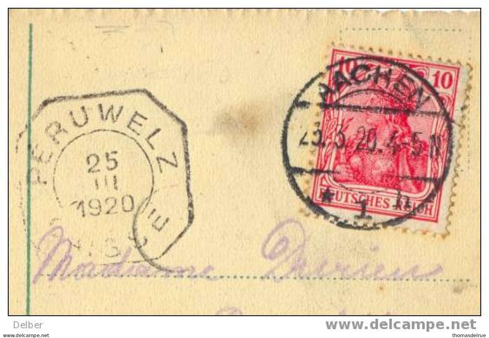 _Q375:  Postkaart < AACHEN. 23.3.20 >> PERUWALZ: CASSE 25 III 1920 : Noodstempel Laat Gebruik - Fortune Cancels (1919)