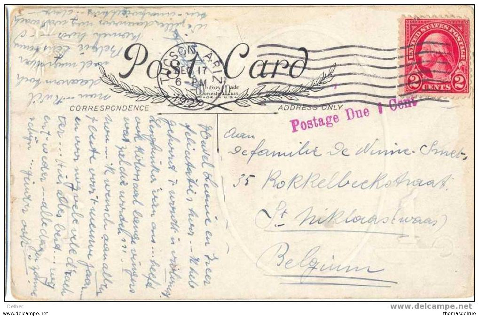 _M704:postcard  + 2 CENTS: TUCCOT ARIZ. 1920 + POSTAGE DUE 1 CENT > ST.Niklaas(Waas) - Portomarken