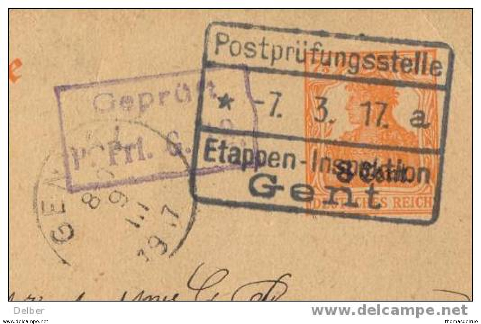 _Q059.: 8 CENT POSTKARTE: Met Censuur:>>> GENVAL 1917 Verstuurd Uit GAND Via Etappen... - OC26/37 Territoire Des Etapes