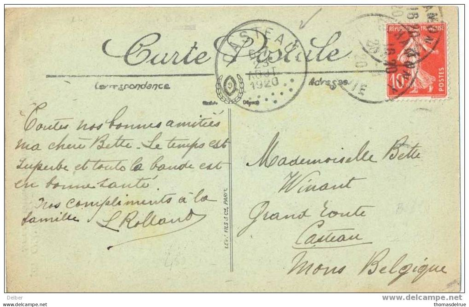_Q054: Postkaart Met 10ct Semeuse: 263 CHAMONIX Sérac Et Crevasse...>>CASTEAU 23 AOUT 1920: Noodstempel: Franse Maand - Fortune (1919)