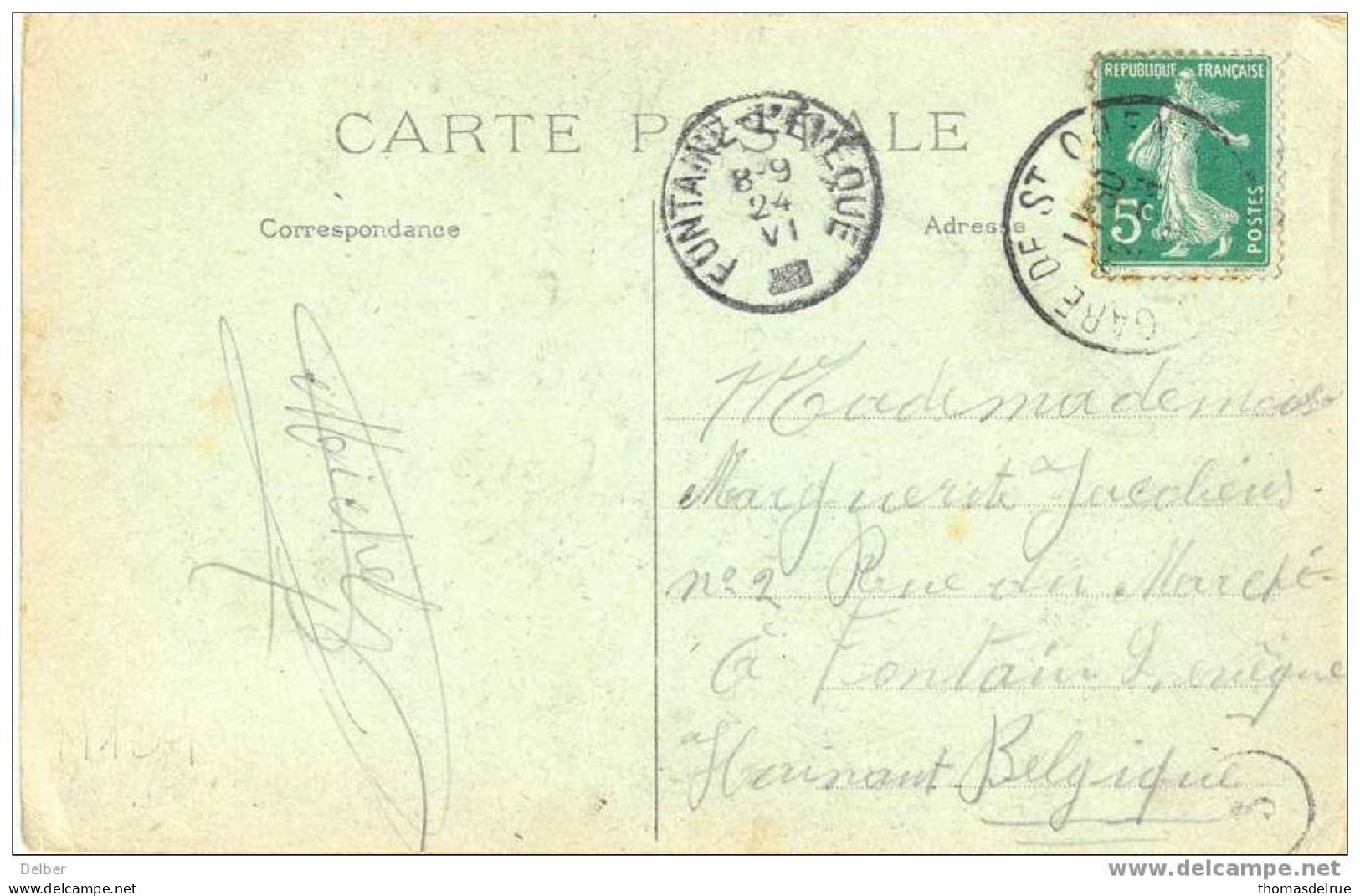 _Q005: Postkaart Met 5ct Semeuse: ST-QUENTIN >>>FONTAINE-L'EVEQUE  8-9 24 VI []: Noodstempel: Geen Jaartal - Foruna (1919)