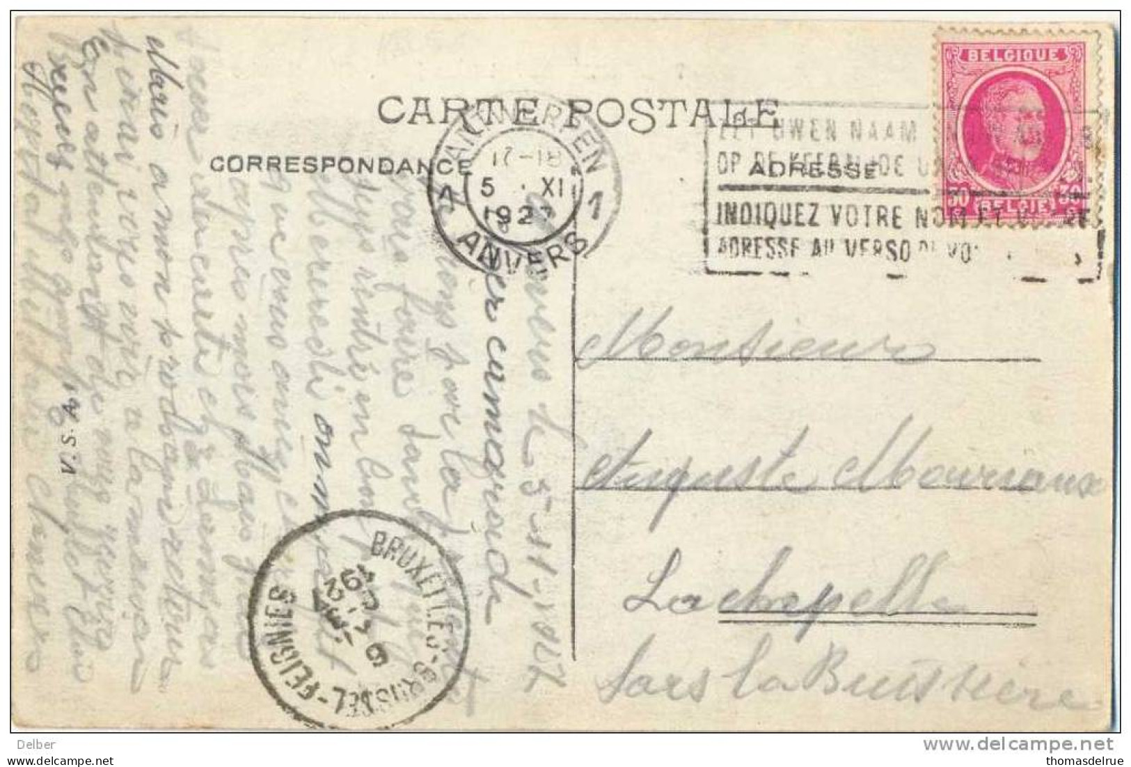 _R967: Postkaart:BORGERHOUT Louisa Poort.: 30ct Houyoux >La Chapelle:ambulant: BRUXELLES-BRUSSEL-FREIGNIES 6 XI 0-3 1927 - Bahnpoststempel