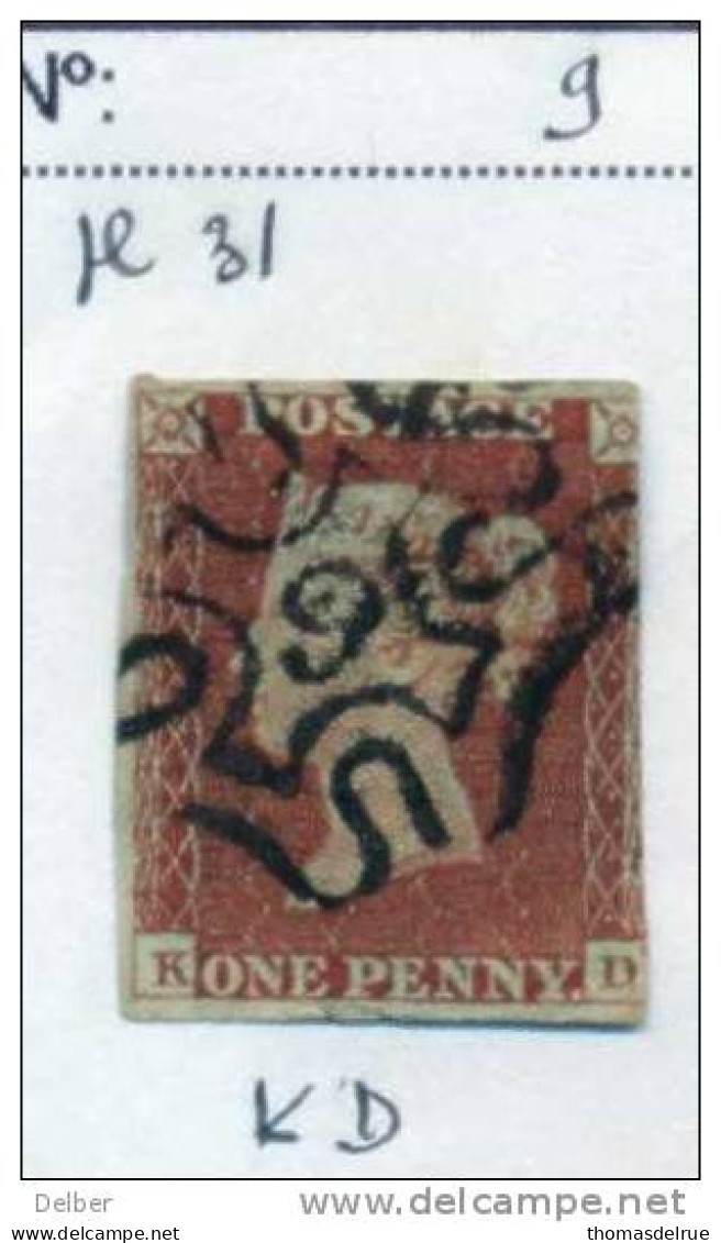 Ua516: Penny Red : Imperf. SG#8-12 : With " Malteses Cross With N° In Center: N°9 : Plate 31 : K__D  : 3 Margins - Used Stamps