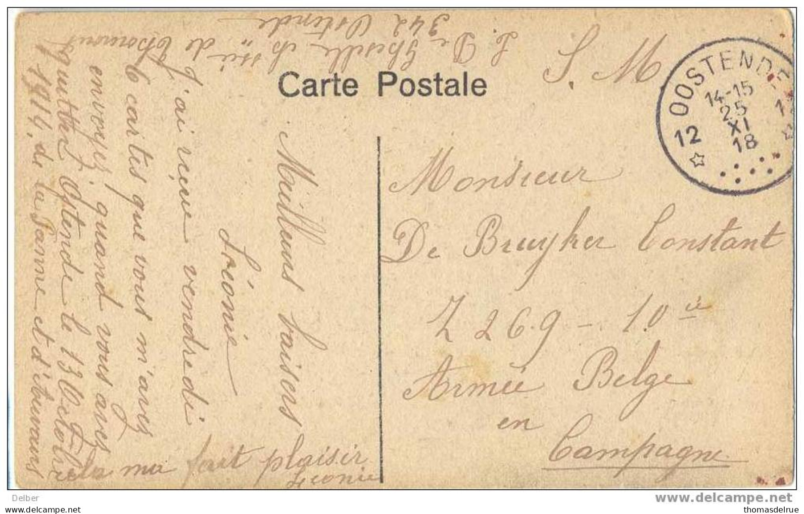 _M472: Postkaart: L'Yser: Beveren Sur L'Yser- L'Eglise: Verstuurd: S.M. Vanuit *12 OOSTENDE 12* Noodstempel: Sterstempel - Fortune Cancels (1919)