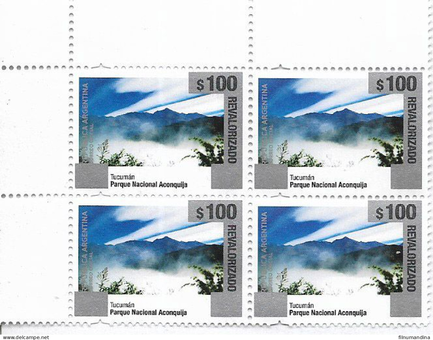 #75324 ARGENTINA 2023 NEW EMERGENCY OVERPRINTED (REVALORIZADO) NATIONAL PARKS DEFINITIVES 100 Ps BLOC X4  MNH SCARCE - Ungebraucht